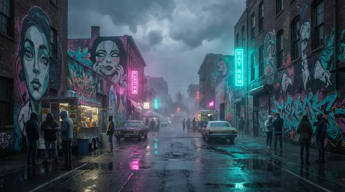 骑在突出的木棒上的感觉 - 雨夜壁画街
